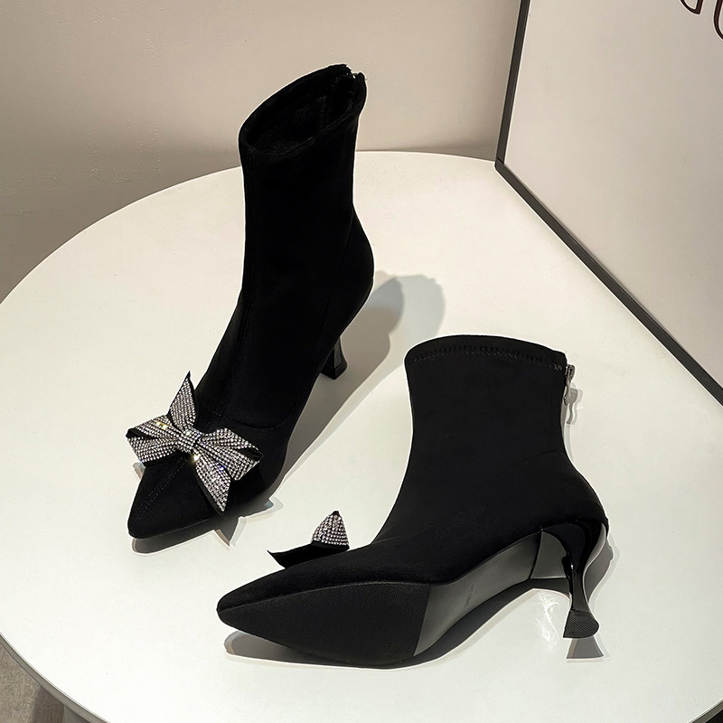 INTERNET CELEBRITY SKINNY BOOTS BOOTIES WOMENS HIGH HEELS BLACK POINTED TOE STILETTO SUEDE RHINESTONE BUTTERFLY LUXURY STRETCH STOCKINGS BOOTS