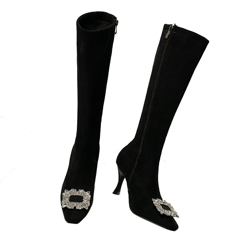 CLEARANCE TAIL GOODS BROKEN CODE BOOTS WOMENS SQUARE TOE ELASTIC SOCKS BOOTS HIGH HEELS 2024 NEW WINTER BLACK SUEDE SKINNY BOOTS