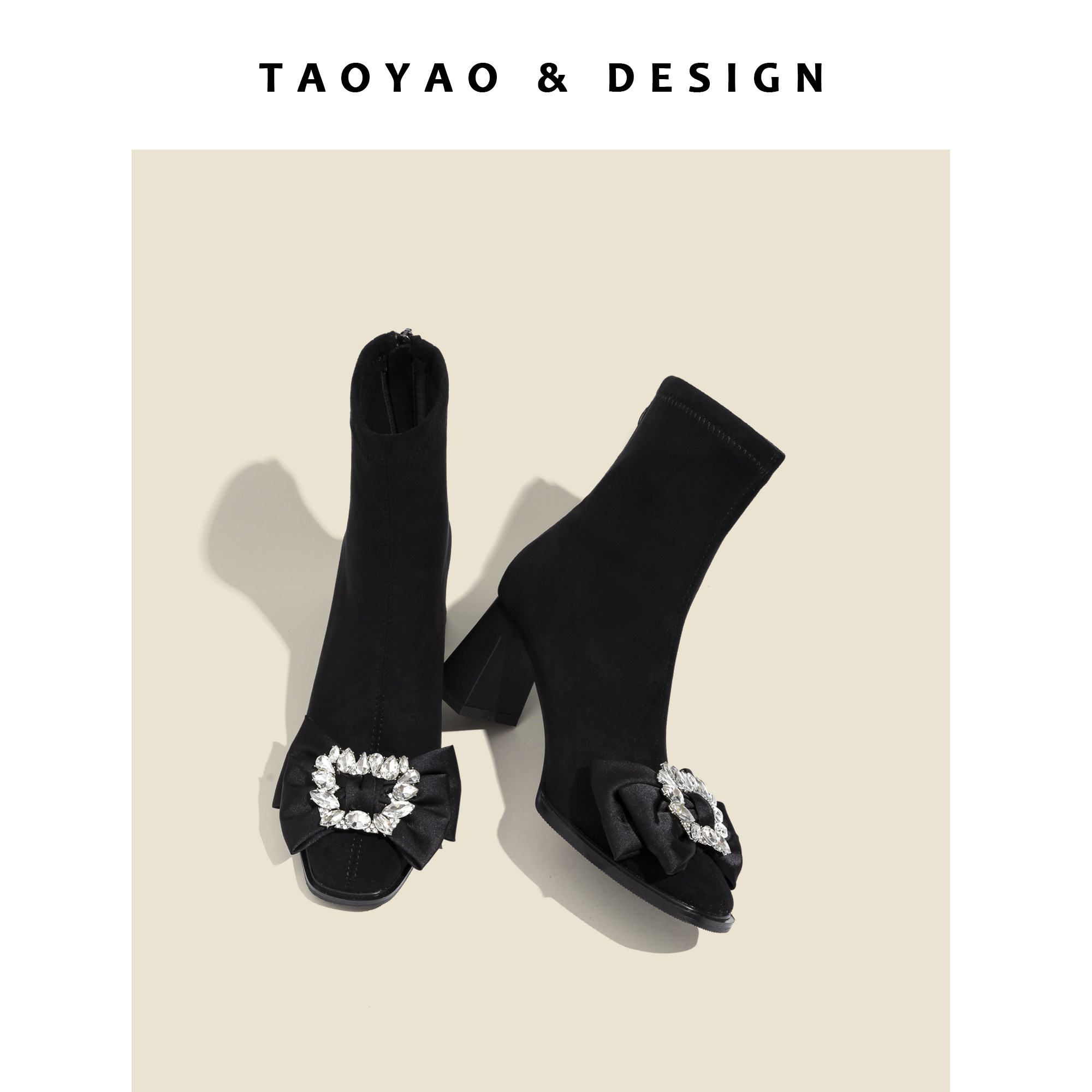 FRENCH BOW HIGH HEELED BOOTS WOMENS 2024 NEW INTERNET CELEBRITY TEMPERAMENT BLOCK HEEL SQUARE TOE BACK ZIP ELASTIC SOCK BOOTS