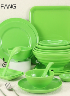 绿色密胺面碗仿瓷菜碟塑料饭店快餐汤碗小碗味碟勺子杯子碟子商用