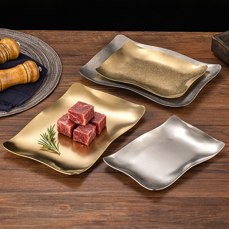复古做旧不锈钢长方形盘子金色异形波浪盘烧烤盘咖啡厅托盘烤肉盘