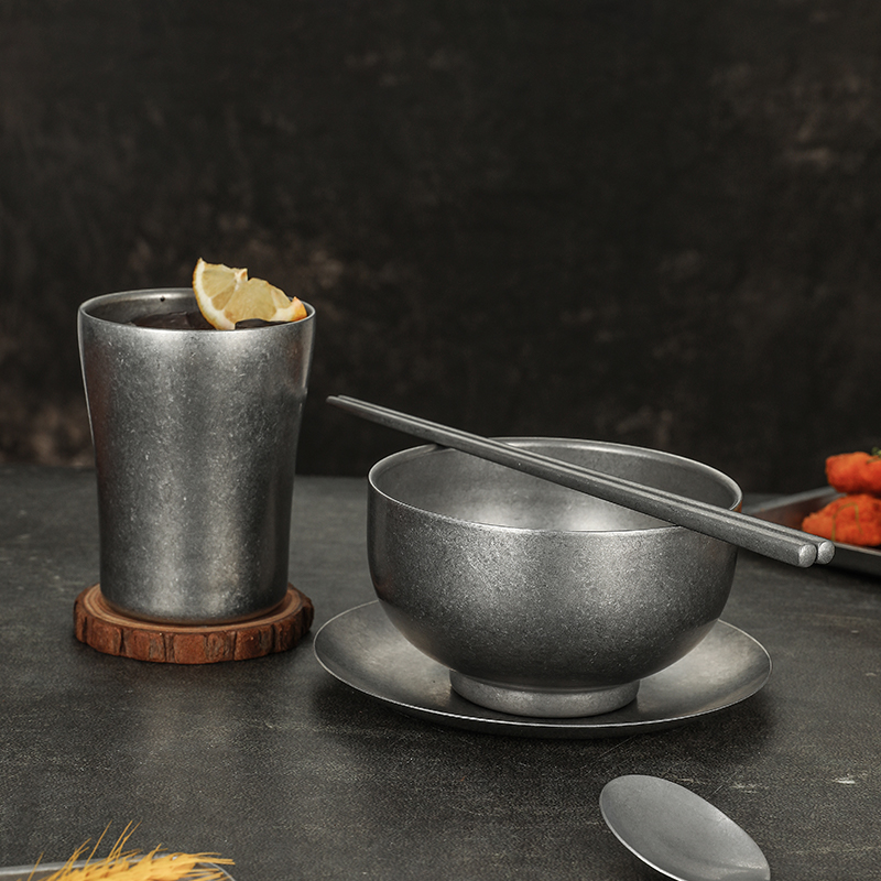复古做旧304不锈钢碗工业风双层防烫米饭碗野餐户外餐具雪花杯碟