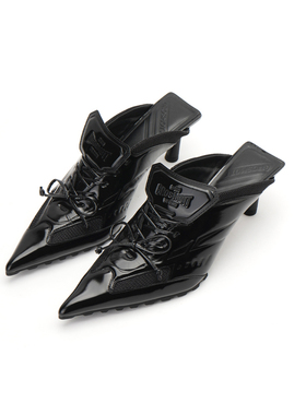 27QUAI GROSMOTT职场恶女漆皮黑穆勒鞋尖头蝴蝶结猫跟半拖高跟鞋