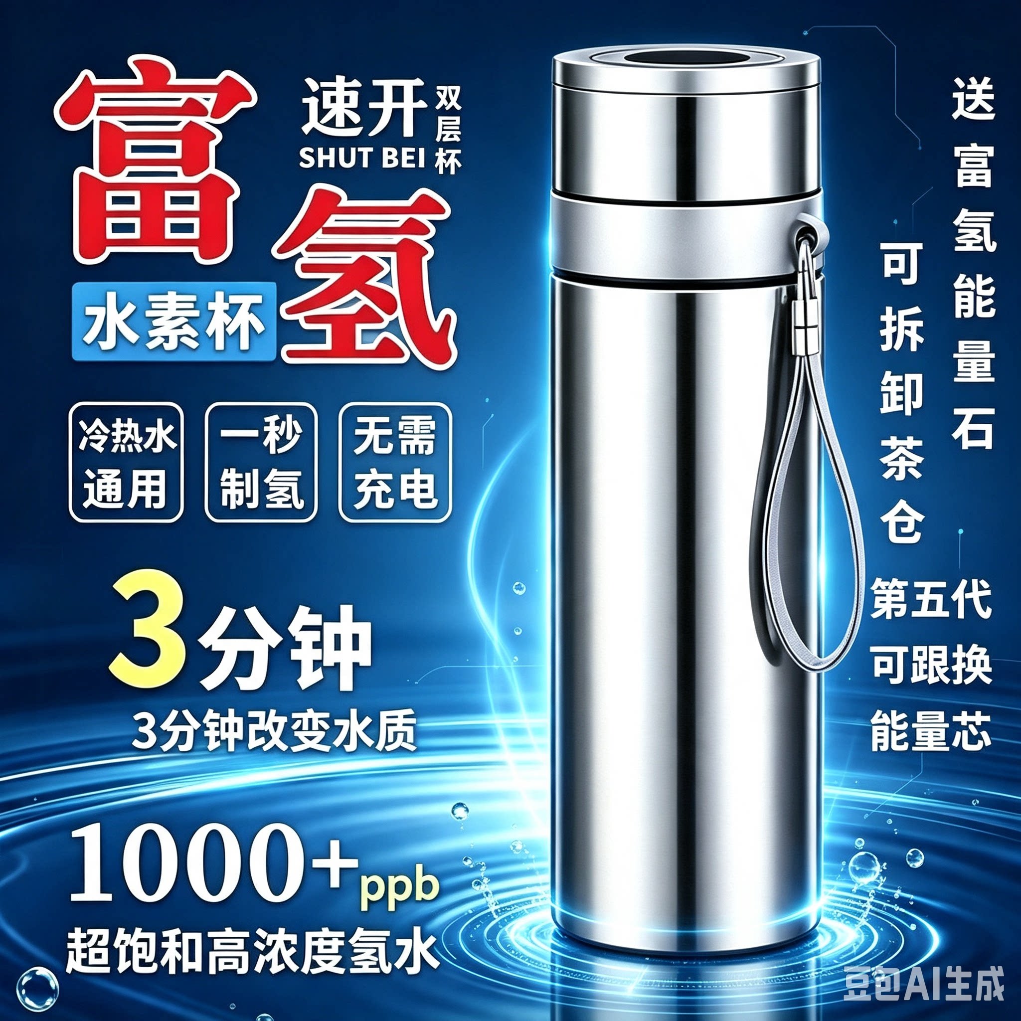 2026新款富氢弱碱水小分子一键开盖双层车载不锈钢保温杯泡茶水杯