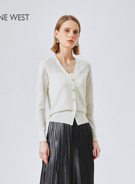 Nine West/玖熙极简V领针织开衫女白色纽扣毛衣外套百搭长袖上衣
