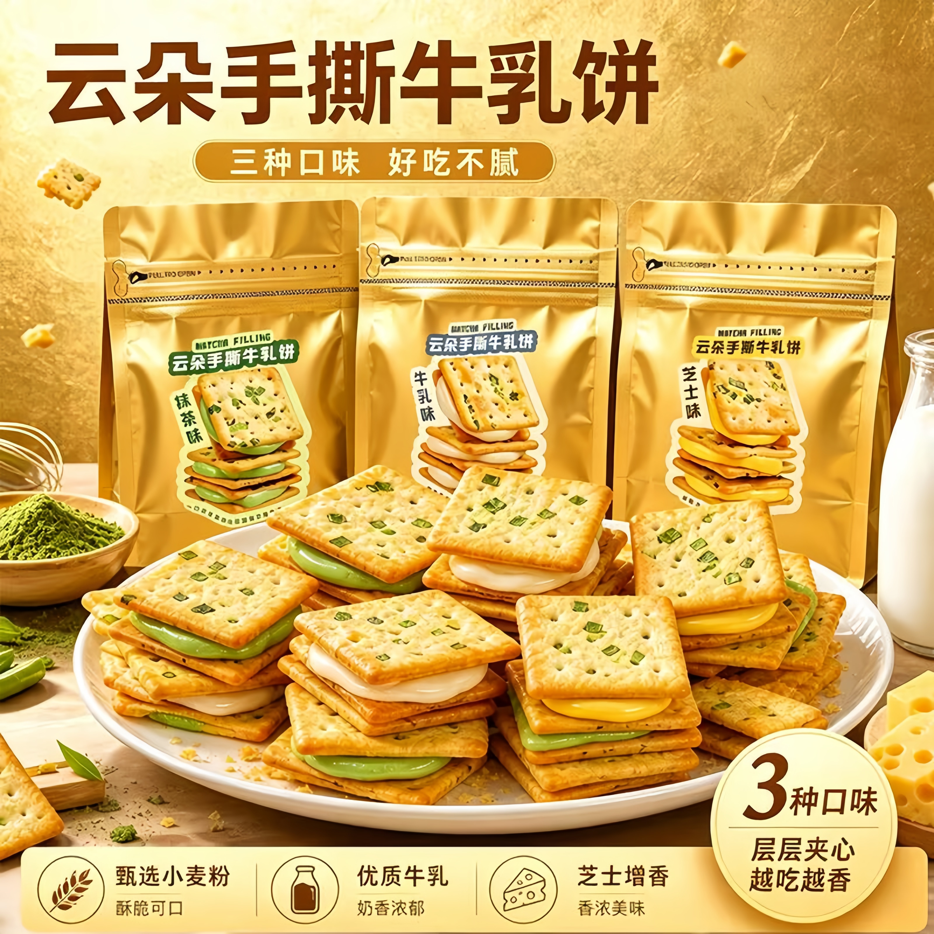 云朵手撕牛轧饼香葱抹茶夹心饼干
