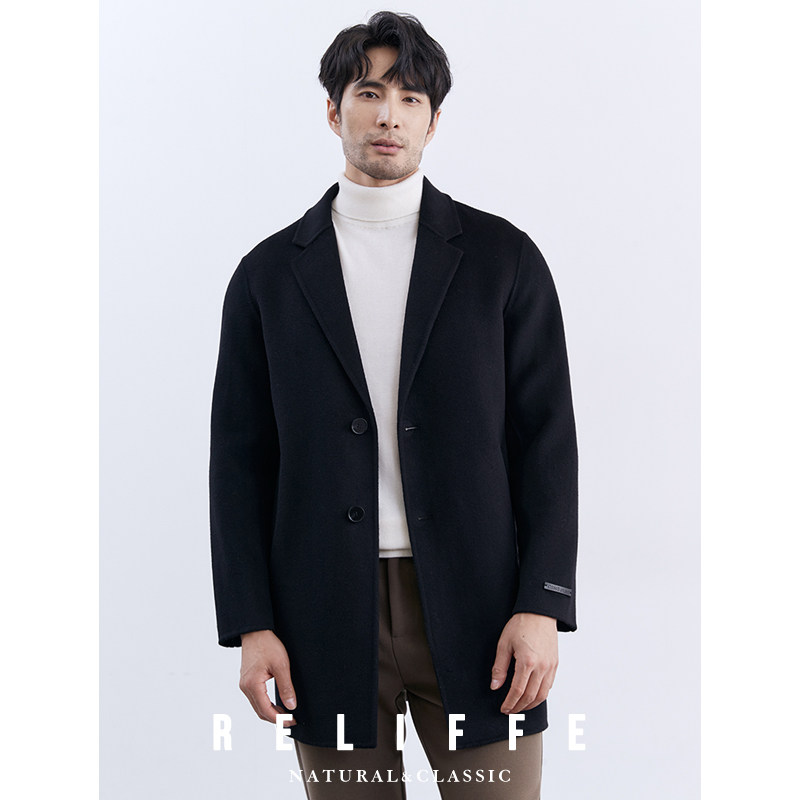 秋冬高级感绵羊毛男士中长款西装领保暖双面毛呢大衣时尚外套