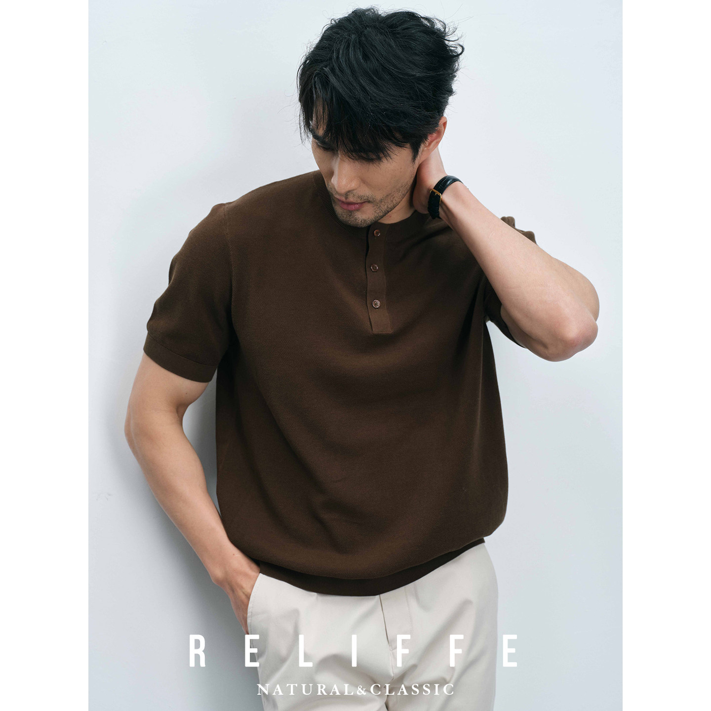 【桑蚕丝亚麻】老钱风125支肌理感亨利领短袖男透气圆领针织T恤夏