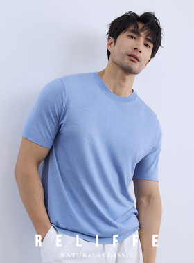 2025夏季 高档莱赛尔冰丝透气针织短袖男商务蓝色100%天丝圆领T恤