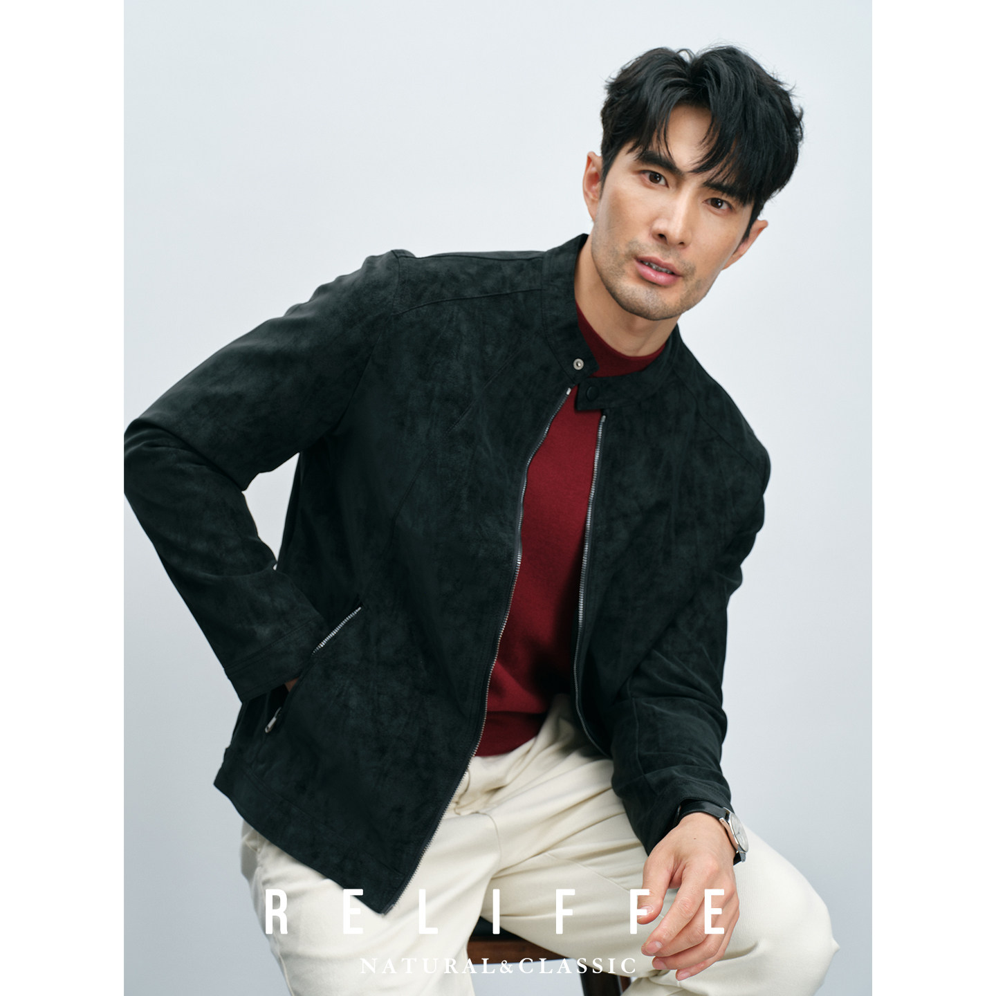 秋冬仿麂皮立领PU皮男士夹克复古痞帅插肩拉链机车飞行皮衣外套