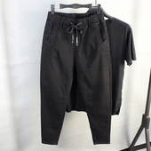 抽绳九分长裤 宽松2026春夏新款 弹力 小脚松紧腰哈伦大码 潮男牛仔裤