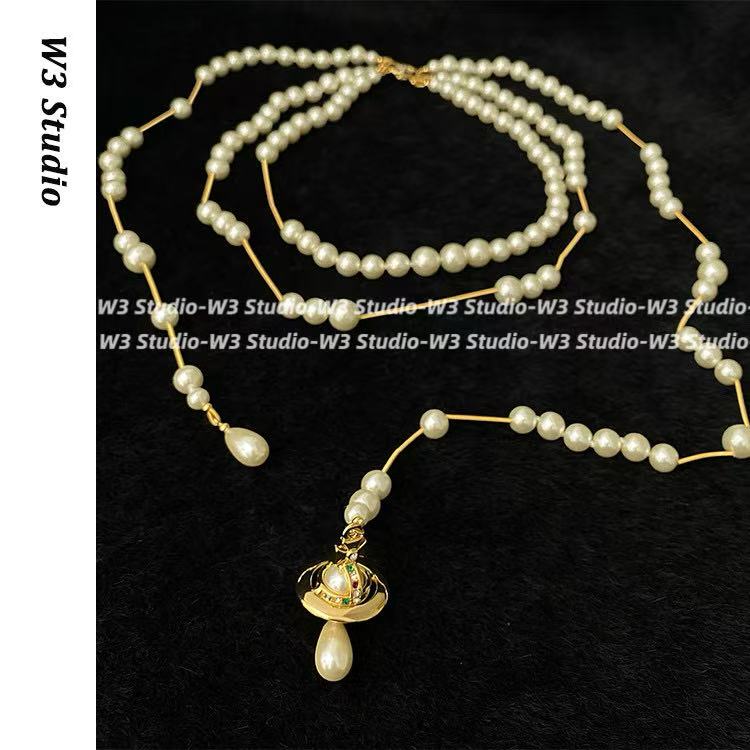 东太后破碎珍珠项链长款毛衣链女