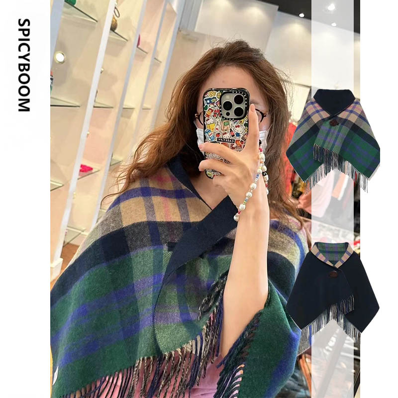 W3Studio秋冬小众宅女同款格纹斗篷双面土星围巾羊毛披肩保暖