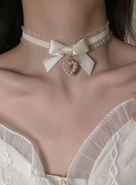 蕾丝珍珠项链花边项圈黑色蝴蝶结荷叶边超仙复古女士锁骨链choker