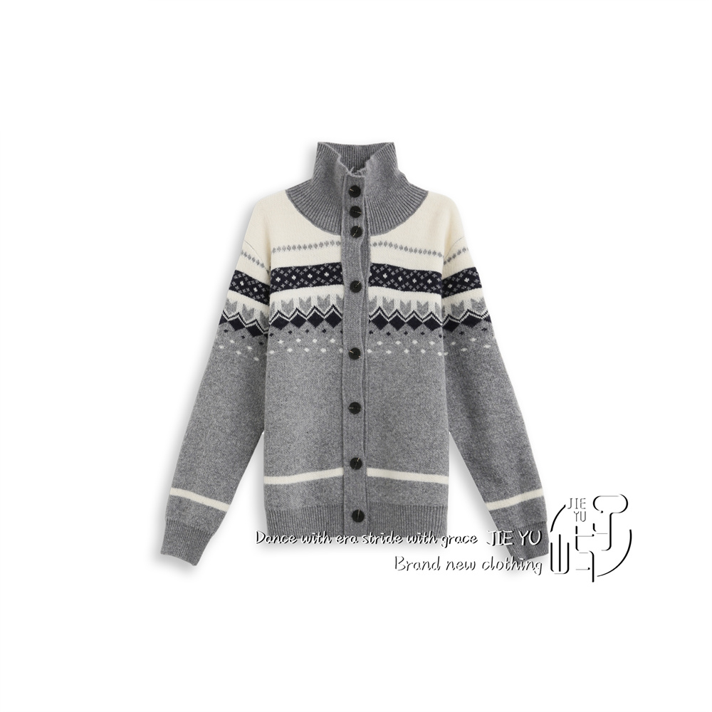 孑屿JIEYU 翻领条纹撞色羊毛针织衫女2025新款