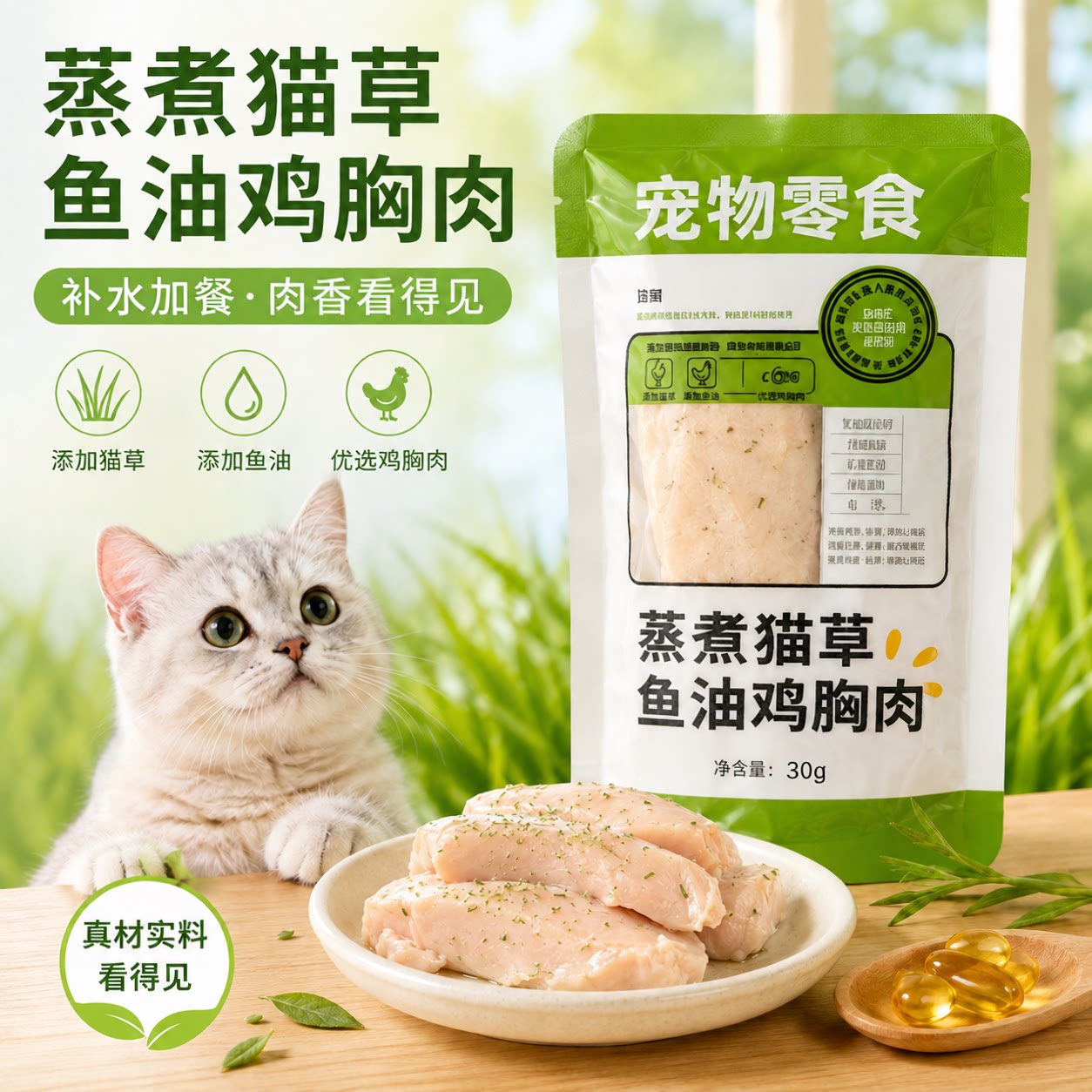 猫咪零食蒸煮猫草鱼油鸡胸肉互动补猫狗通用湿粮拌粮训练宠物零食