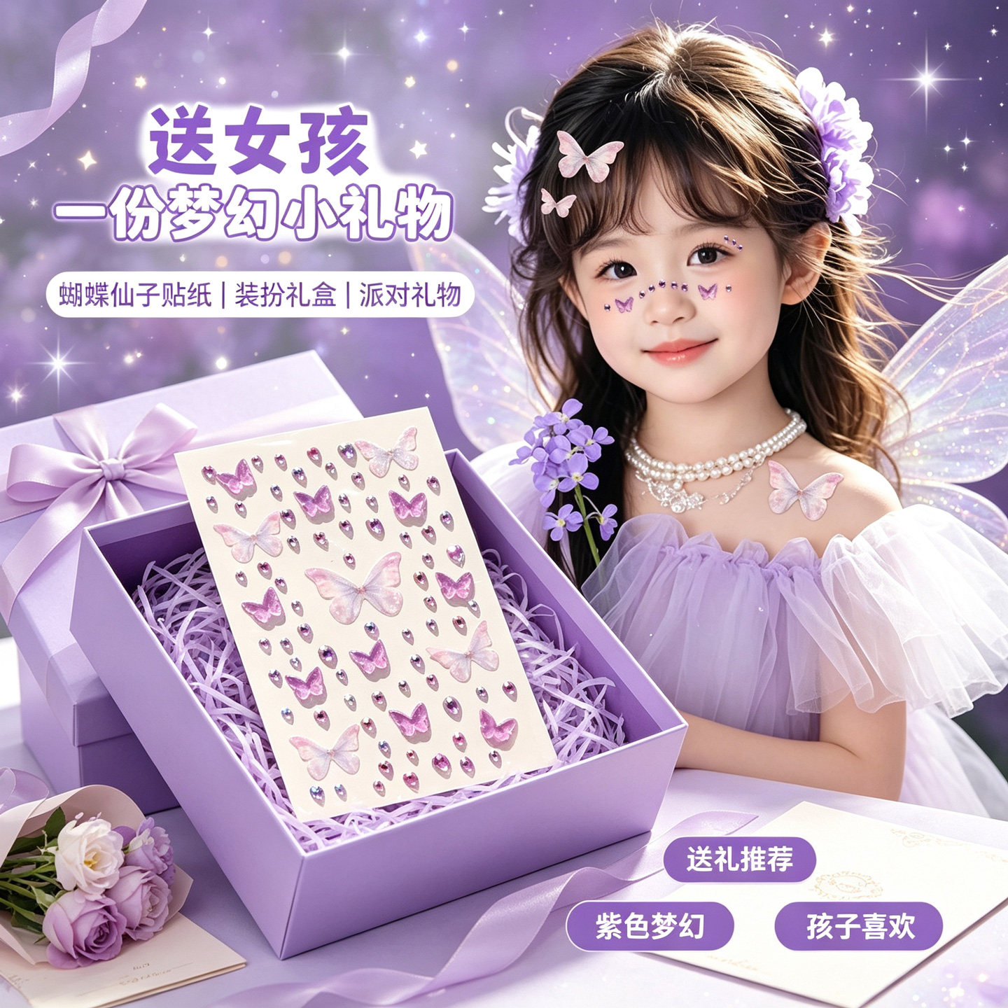 儿童紫色蝴蝶面部贴钻演出表演眼妆贴女孩汉服写真立体蝴蝶贴纸免