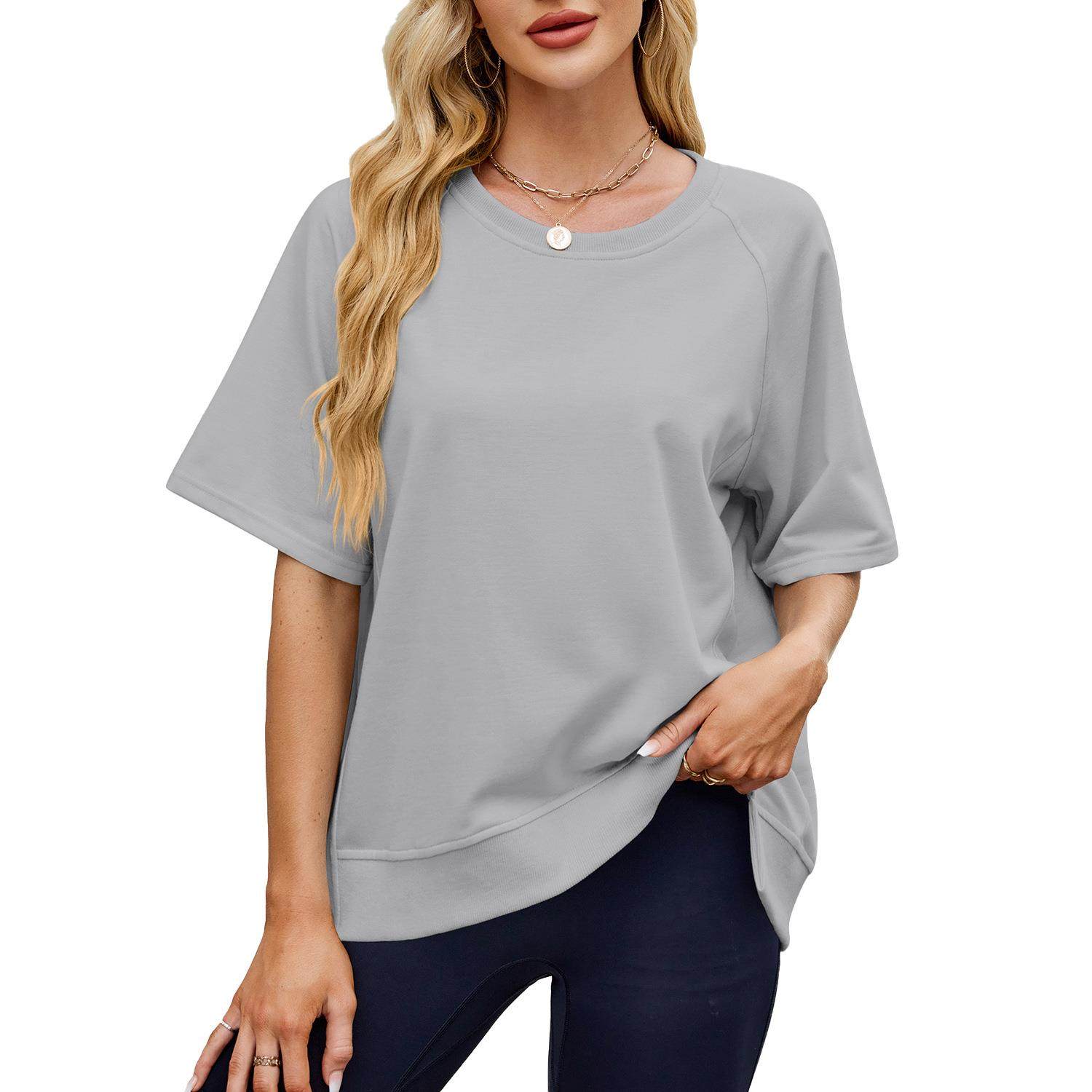 Womens solid color threaded round neck mid-length sleeve