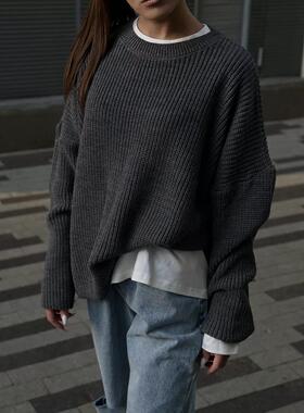 Solid color round neck sweater loose knit INS pullover