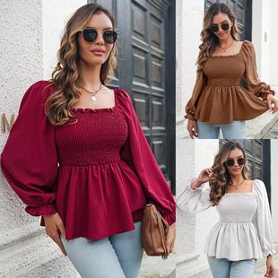 Womens collar top square long-sleeved chiffon ruffled shirt