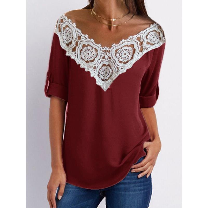 Womens hollow sleeve stitching three-quarter top lace