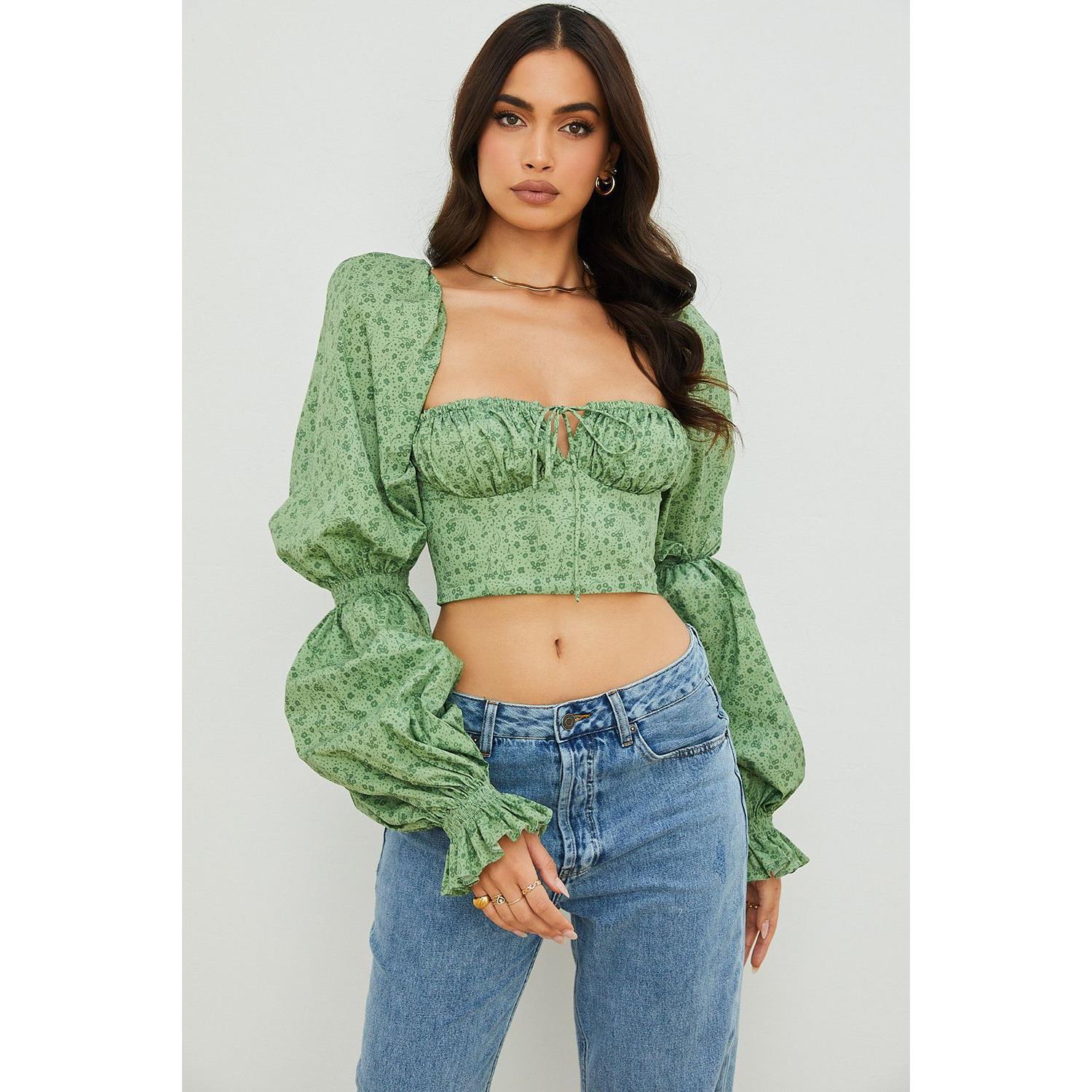Top Cropped Exposed Collarbone Shirred Fit Slim Sleeve