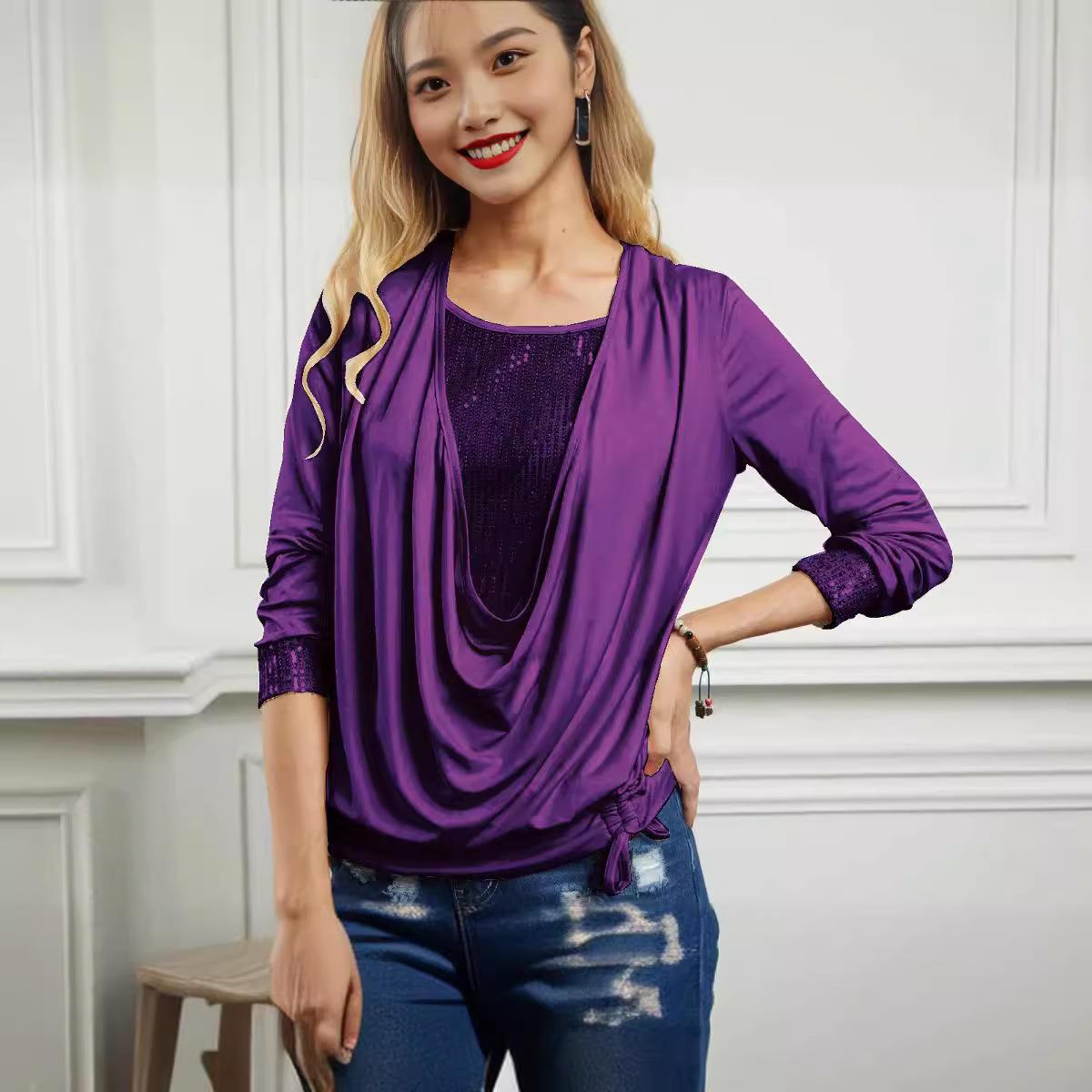 long pullover sleeved woman sequin fashion neck slim casual