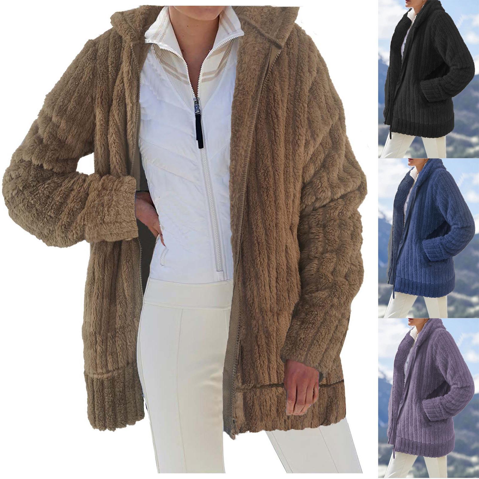 Warm zipper for hooded color pocket loose solid women coat