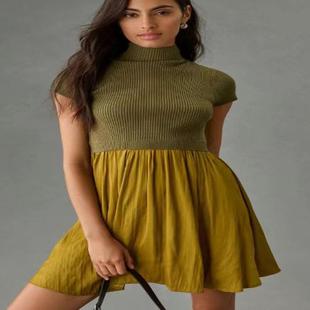 Patchwork Turtleneck Dress Short Sleeve Pleated Knit