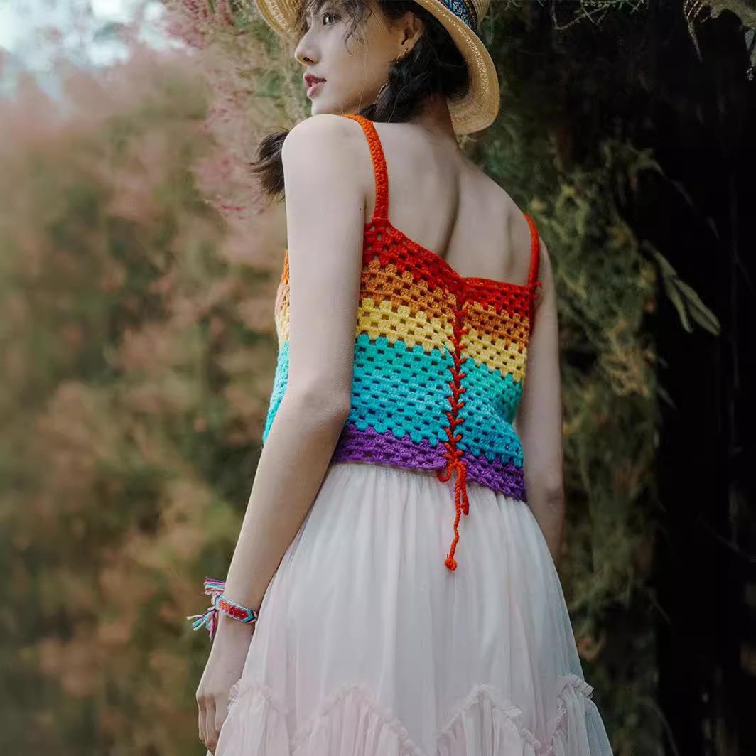 top cropped style bohemian sleeveless vest color-blocked