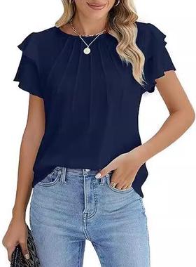 top formal pleated shirt sleeve neck casual work Womens