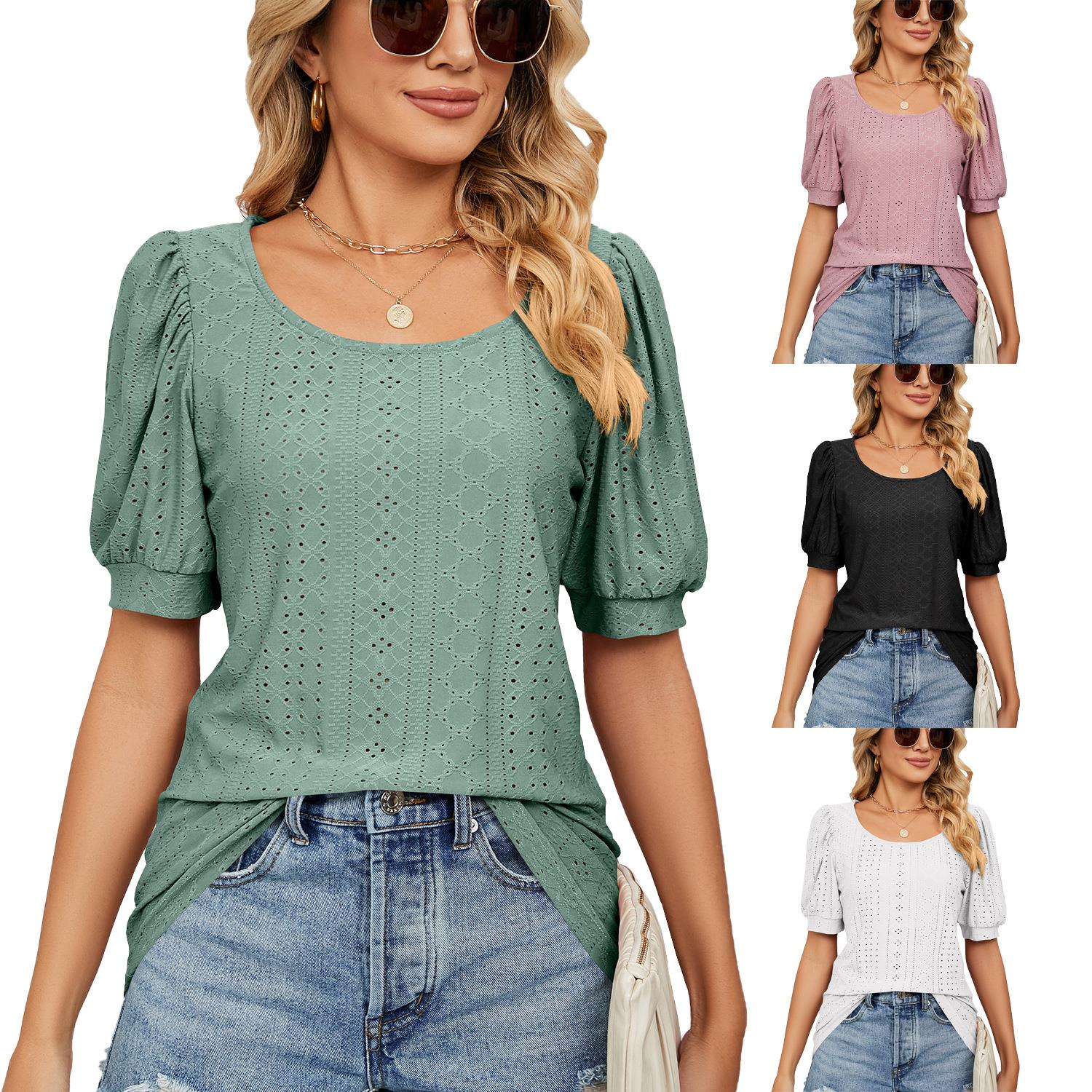 top T-shirt loose sleeve puff hollow color solid neck round