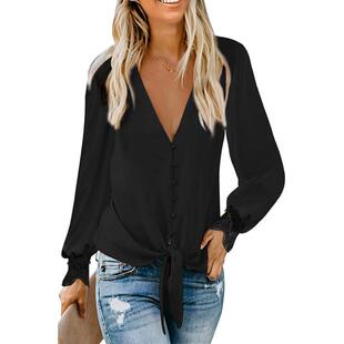 solid loose hem sleeves long neck top color tie womens