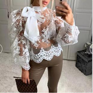 ladies chiffon full neck spring bow tops blouses lace for