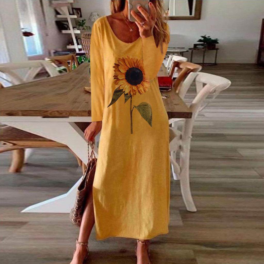 Sunflower plant long style dress side slit sleeve womens