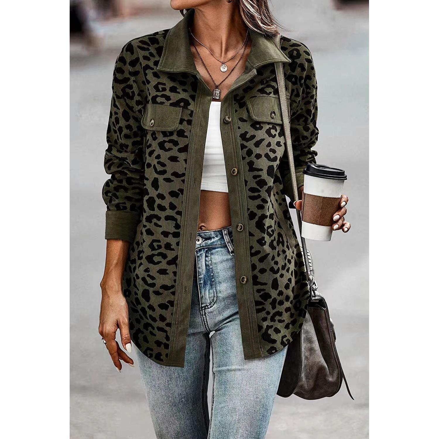 Jacket Womens Sleeve Long Button Pocket Print Leopard