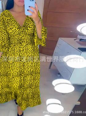 Large size V-neck leopard print dress seaside holiday beach