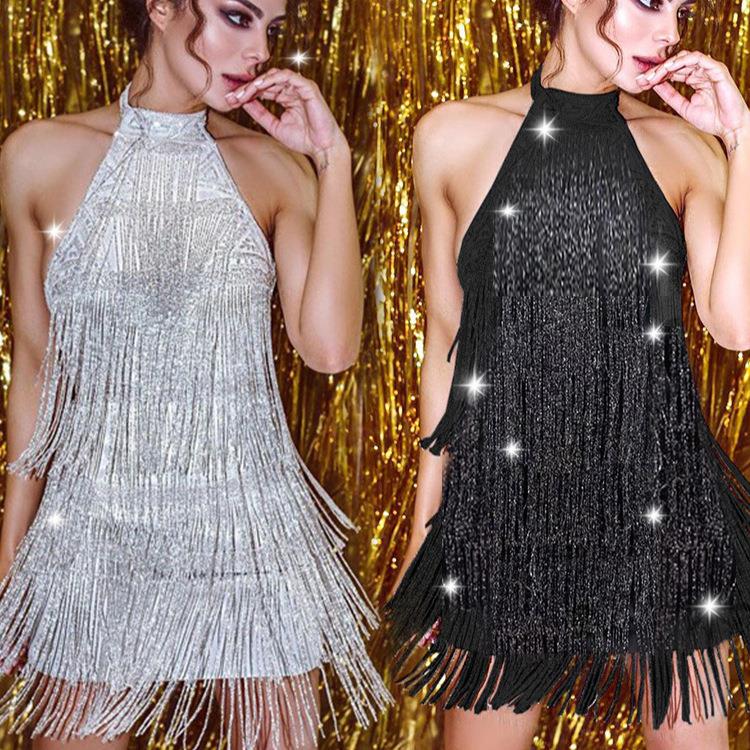 shiny tassel silver mini dress night party flapper backless