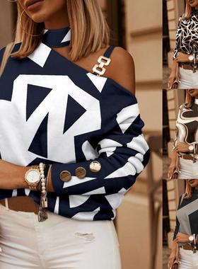 Chain halter neck top T-shirt womens button decoration long