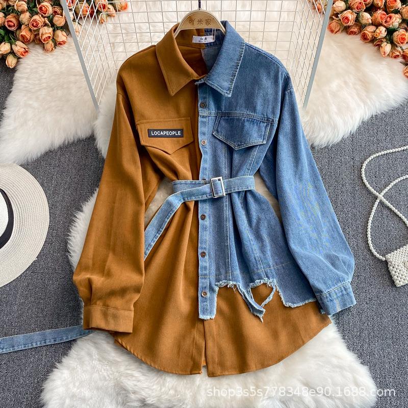 Denim patchwork lapel dress with slim waist and irregular