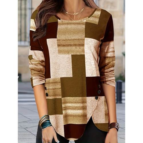 Neck Casual All-match Round Long Sweater Top Plaid Pullover