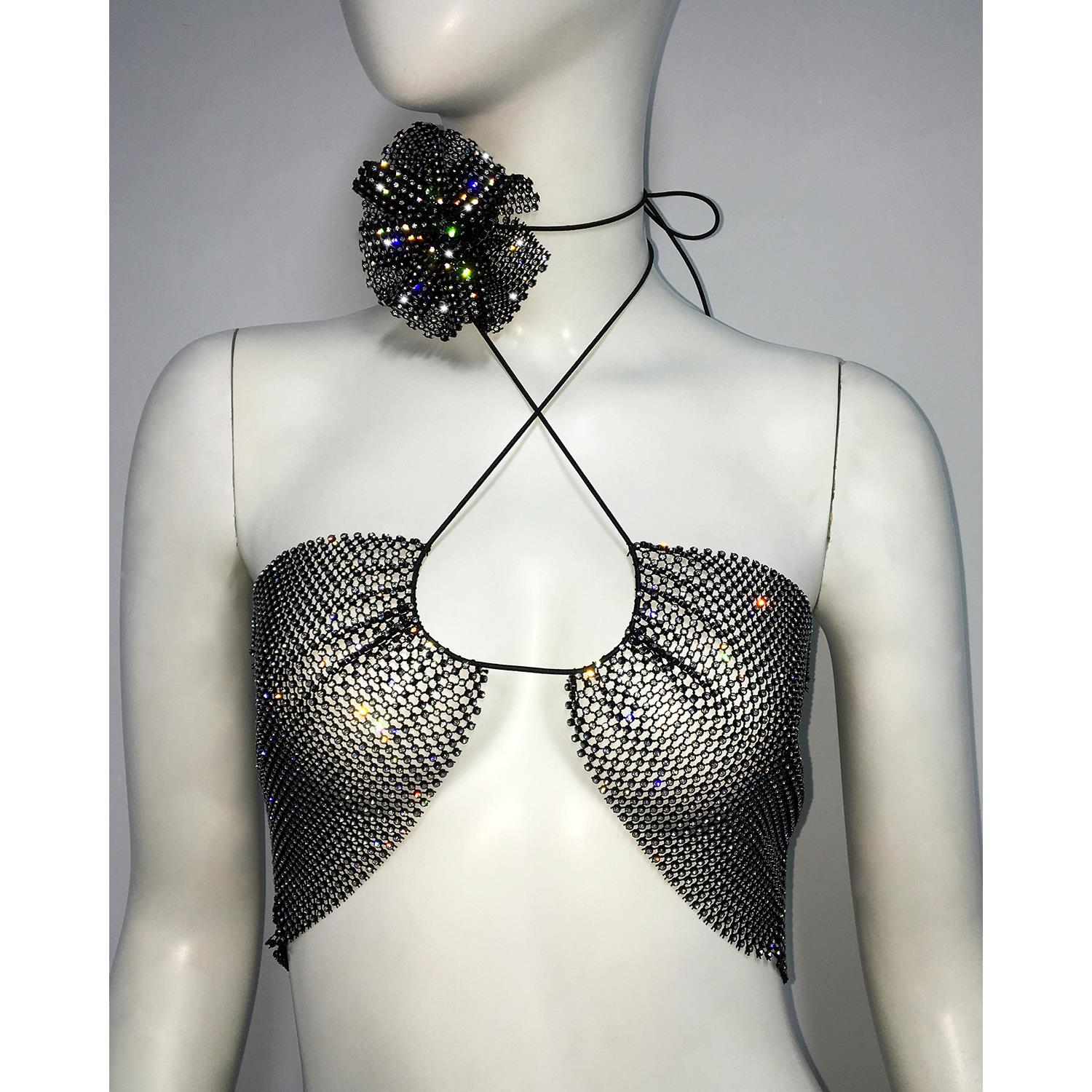 Womens Fishnet Rhinestone Halter Neck Camellia Top