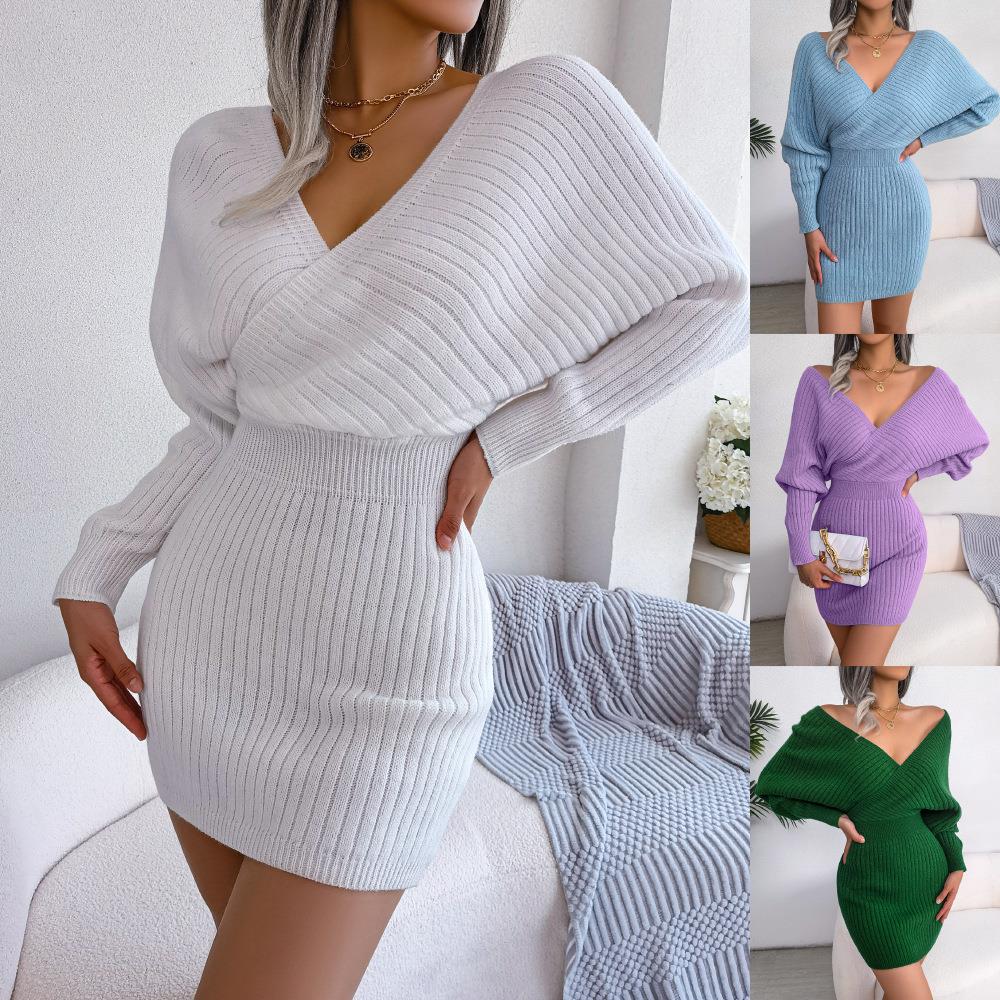 Clothing Womens Dress Sweater Dress Hip Skirt Bat Neck V