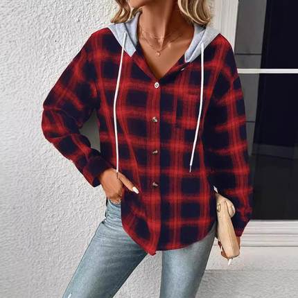 red and black checkered pattern button front gray hooded