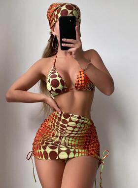 color swimsuit three-piece sling ruffle gathered bikini
