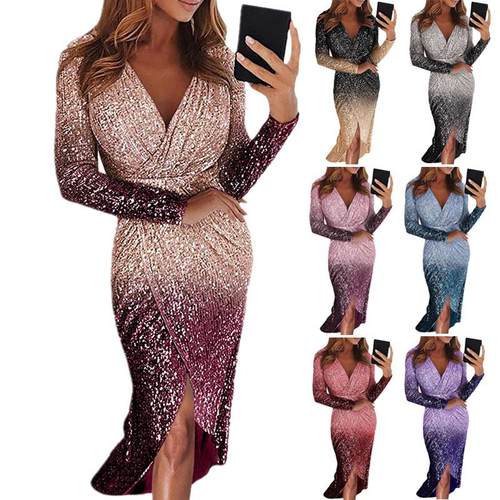 Womens long dress evening gown sleeve gradient color sequin