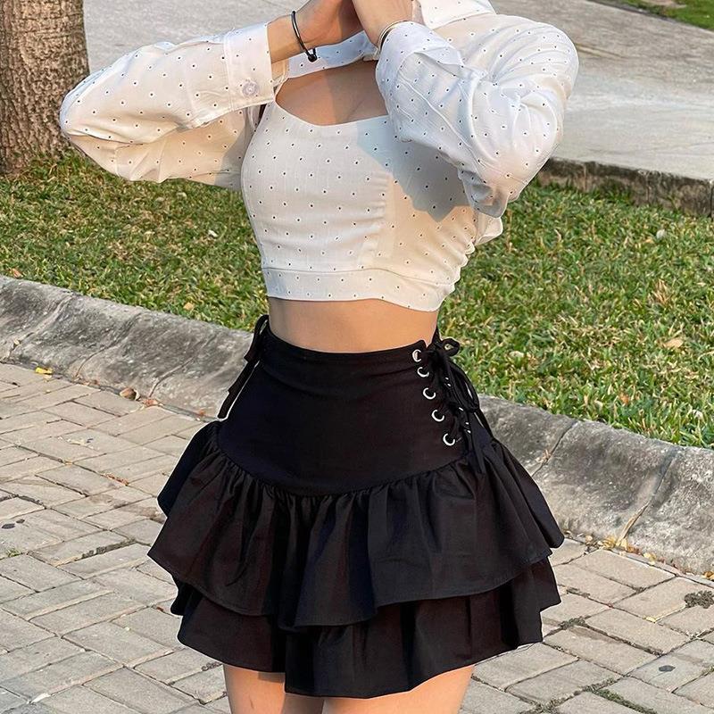 gothic side lace-up tiered ruffle hem -line mini skirt for