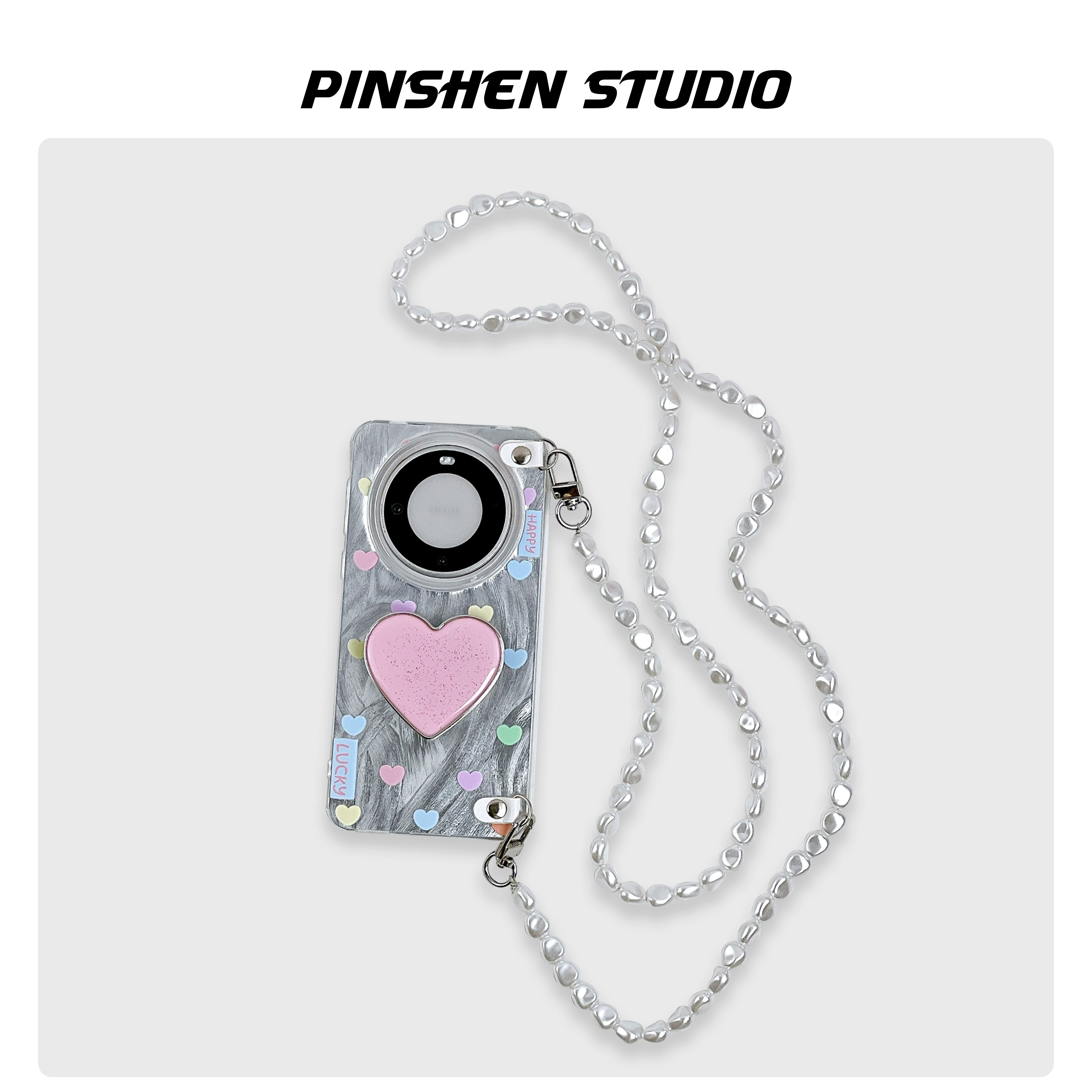 品申原创小众羽纱彩色爱心支架斜挎链适用华为mate70pro手机壳全包防摔个性挂绳ins新款iphone16promax保护壳