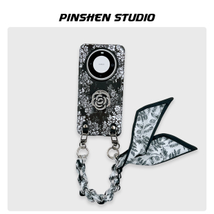ins风新款 品申原创小众文艺繁花水钻花朵支架丝巾手提斜挎适用华为mate70pro手机壳全包防摔个性 苹果16保护套