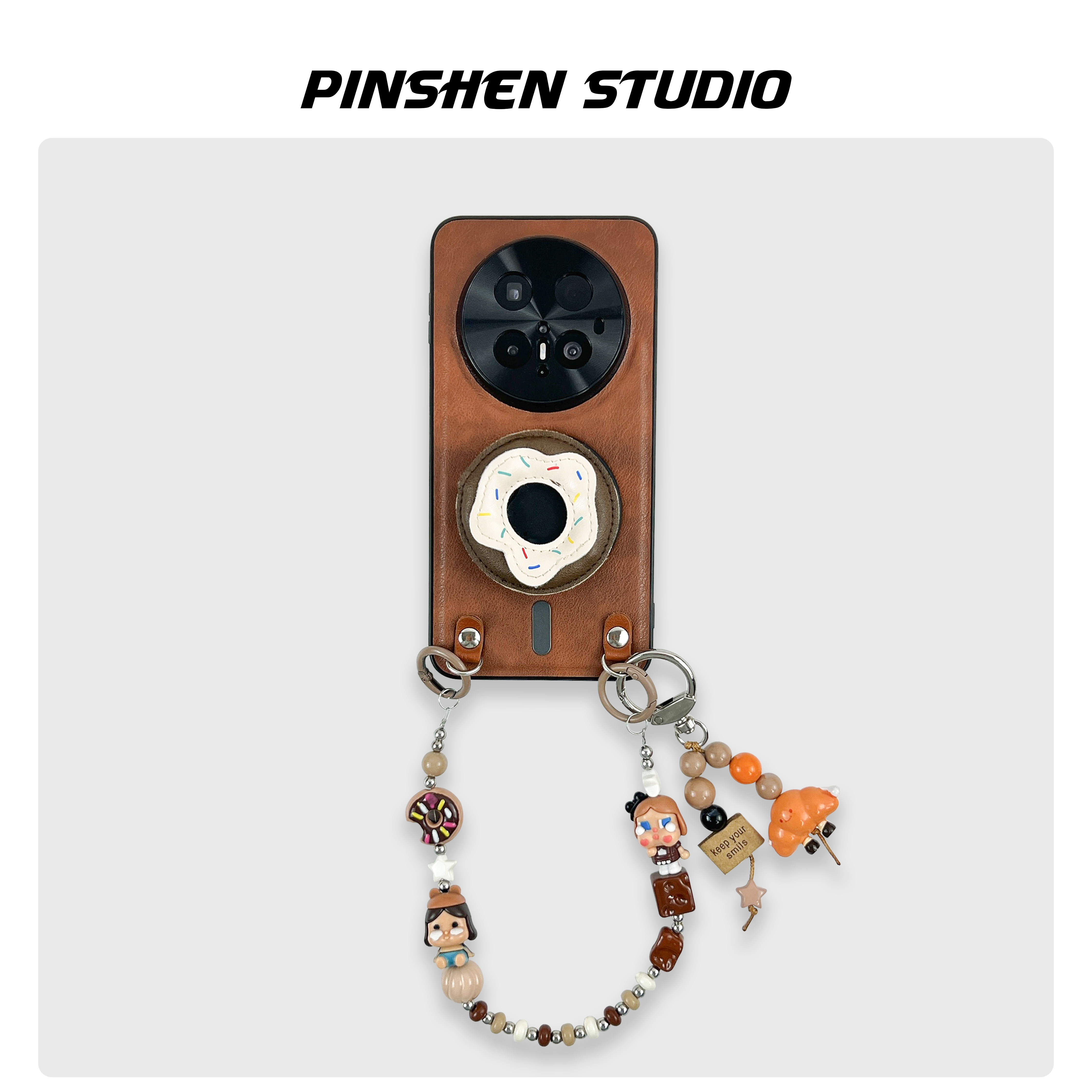 品申原创摩卡棕皮质甜甜圈磁吸支架手提链条适用华为mate80pr